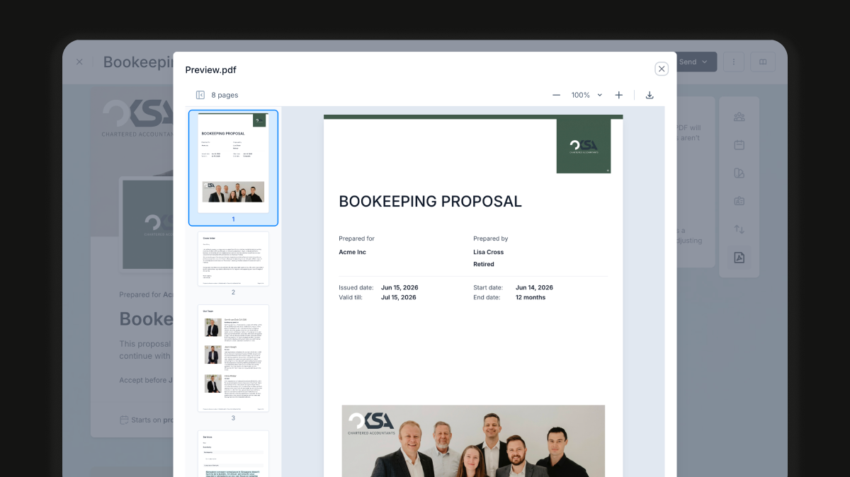 Example of a proposal PDF, with a cover page, two body sections, a summary block, and a signature certificate